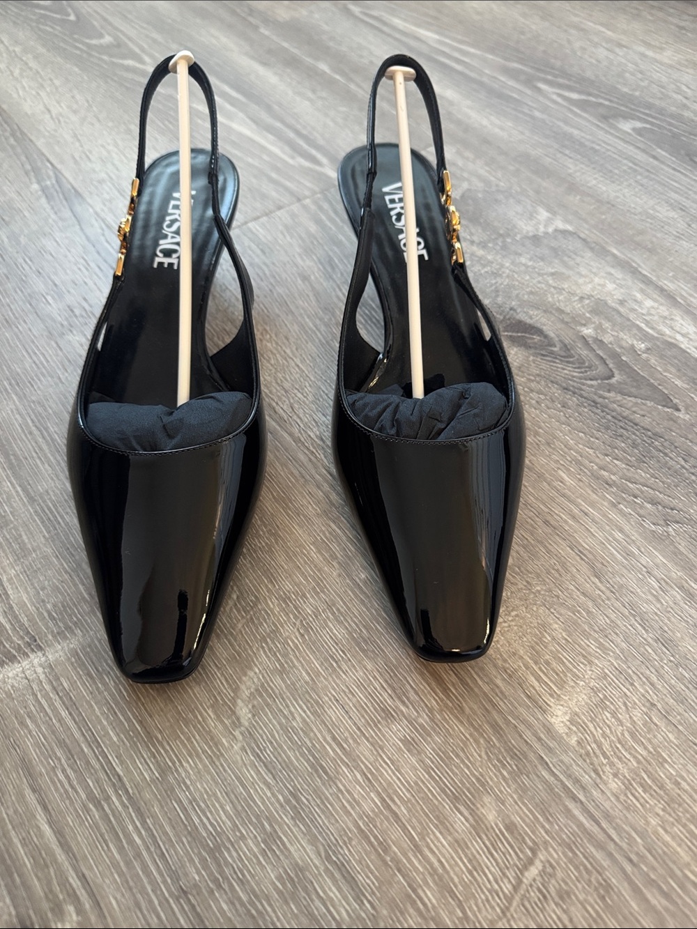 Versace Black Patent Slingback Mules with Gold Logo Accent